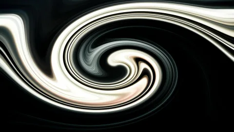 Abstrakte Spirale aus glänzenden weißen und grauen Schlieren auf schwarzem Hintergrund.