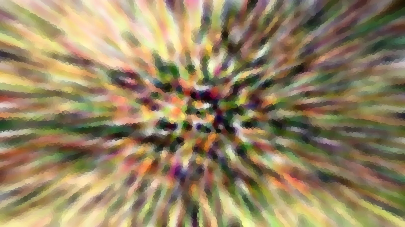 Abstrakte Komposition aus bunten, radial von der Mitte nach außen verlaufenden Streifen in Grün, Gelb, Rosa und Violett.