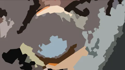 Abstrakte Komposition aus flachen, farbigen Formen in Grau, Braun, Hellblau und Orange.