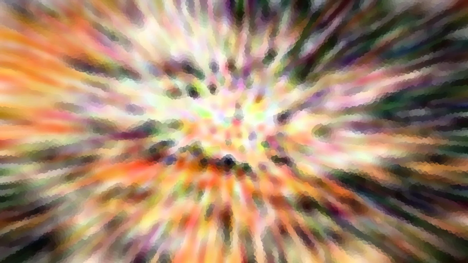Abstrakte Komposition aus radial von der Mitte ausgehenden, unscharfen Strahlen in Orange, Grün, Pink und Gelb, im Zentrum einige dunkle Punkte.