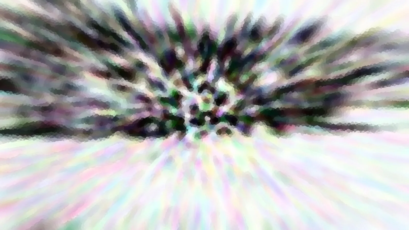 Abstrakte Komposition aus bunten, radial verlaufenden Schlieren mit dunklem Zentrum und pixeligem Mosaikeffekt.