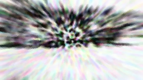 Abstrakte Komposition aus bunten, radial verlaufenden Schlieren mit dunklem Zentrum und pixeligem Mosaikeffekt.