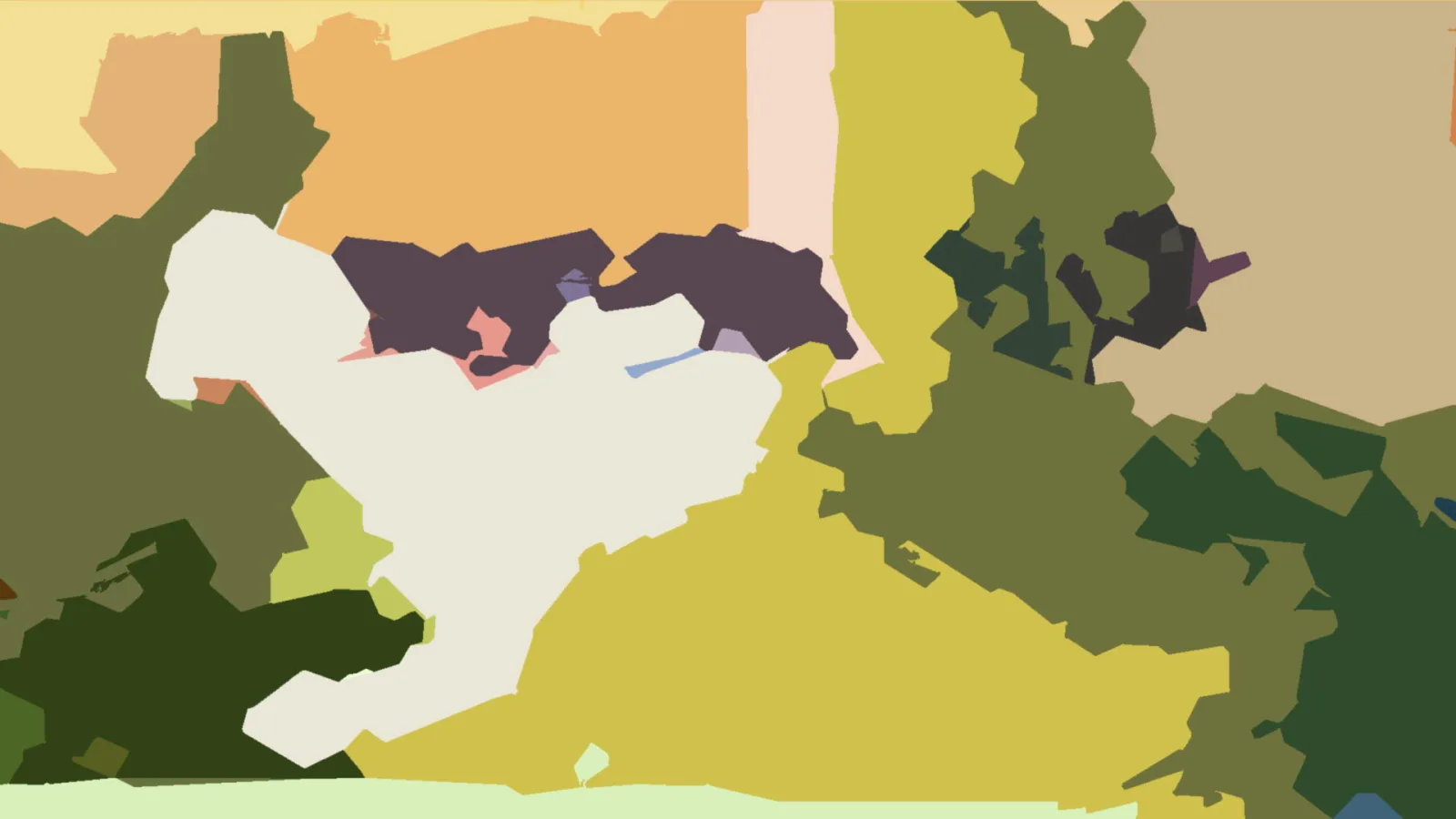 Abstrakte Komposition aus unregelmäßigen, flächigen Formen in Olivgrün, Gelb, Creme, Dunkelviolett und Sandbeige.