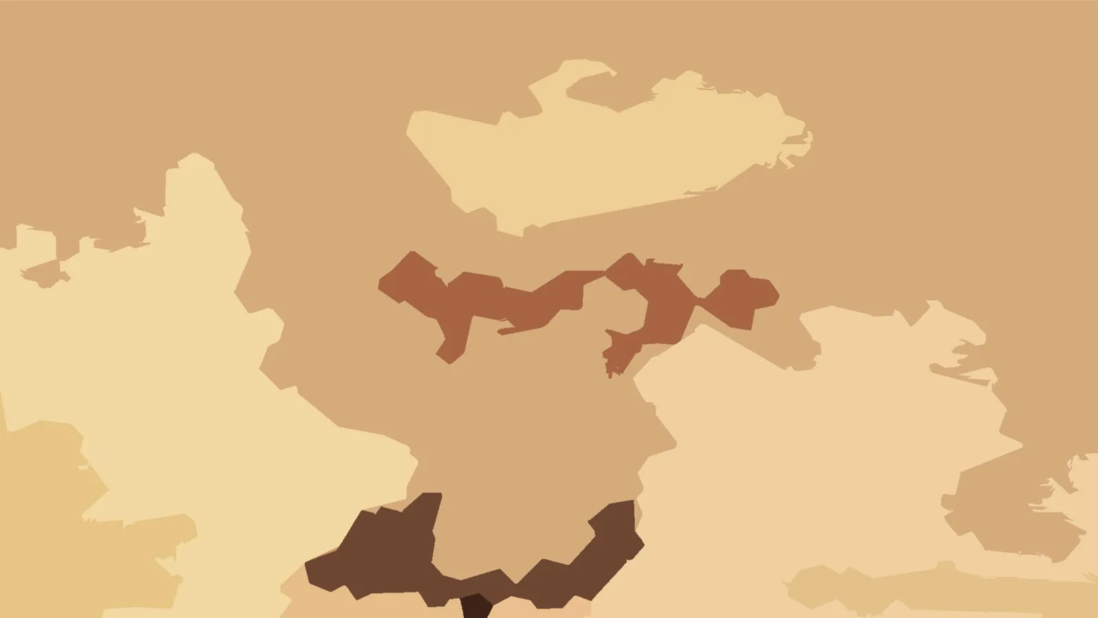 Abstrakte Komposition aus flachen, organisch geformten Flächen in Beige, Braun und Ockertönen auf hellbraunem Grund.