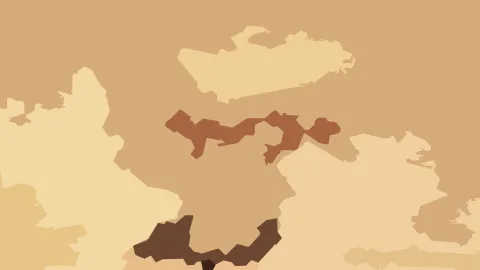 Abstrakte Komposition aus flachen, organisch geformten Flächen in Beige, Braun und Ockertönen auf hellbraunem Grund.