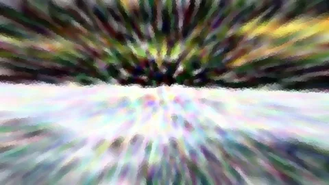 Abstrakte Komposition aus radial verlaufenden, bunten Schlieren in Grün, Gelb und Violett, die von oben in eine helle, pastellfarbene Fläche ausstrahlen.