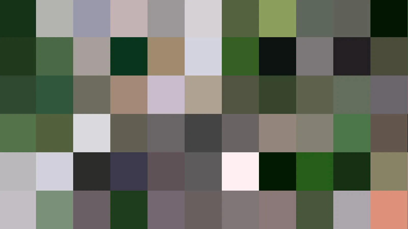 Mosaik aus rechteckigen Farbfeldern in Grün, Grau, Schwarz, Weiß und einzelnen Rosé- und Brauntönen, in zehn Spalten und sechs Reihen angeordnet.