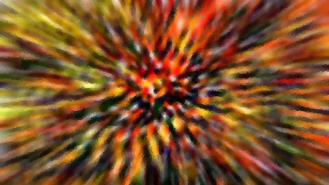 Abstraktes Bild mit radial von der Mitte nach außen verlaufenden Streifen in Rot, Gelb, Orange und Grün, verwischt und mosaikartig gepixelt.