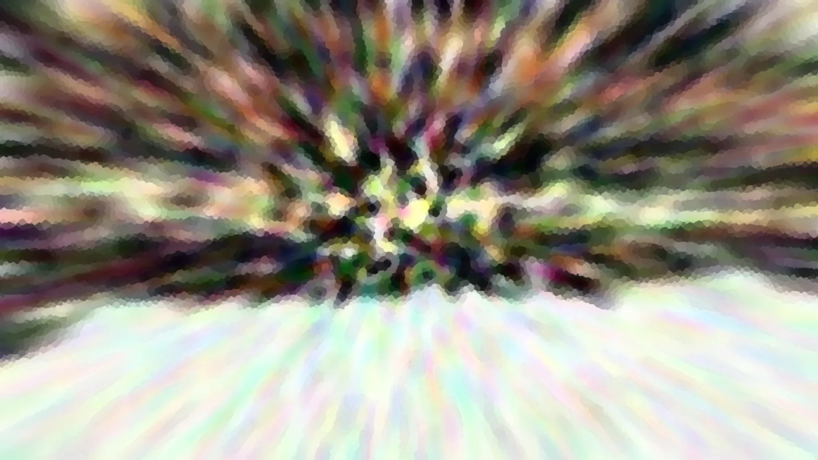 Abstrakte Komposition aus bunten Farbstreifen, die von einem dunklen Zentrum radial nach außen laufen, unten hellt sich das Bild zu pastellfarbenen Schlieren auf.