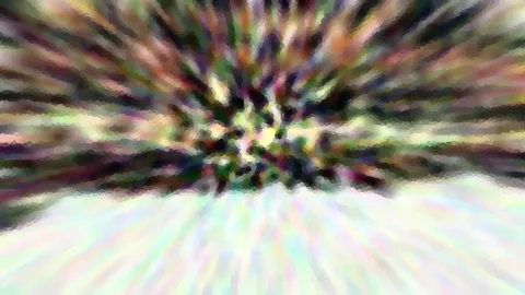 Abstrakte Komposition aus bunten Farbstreifen, die von einem dunklen Zentrum radial nach außen laufen, unten hellt sich das Bild zu pastellfarbenen Schlieren auf.