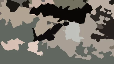 Abstraktes Muster aus unregelmäßigen Flächen in Schwarz, Beige, Grau, Blassrosa und Olivgrün.