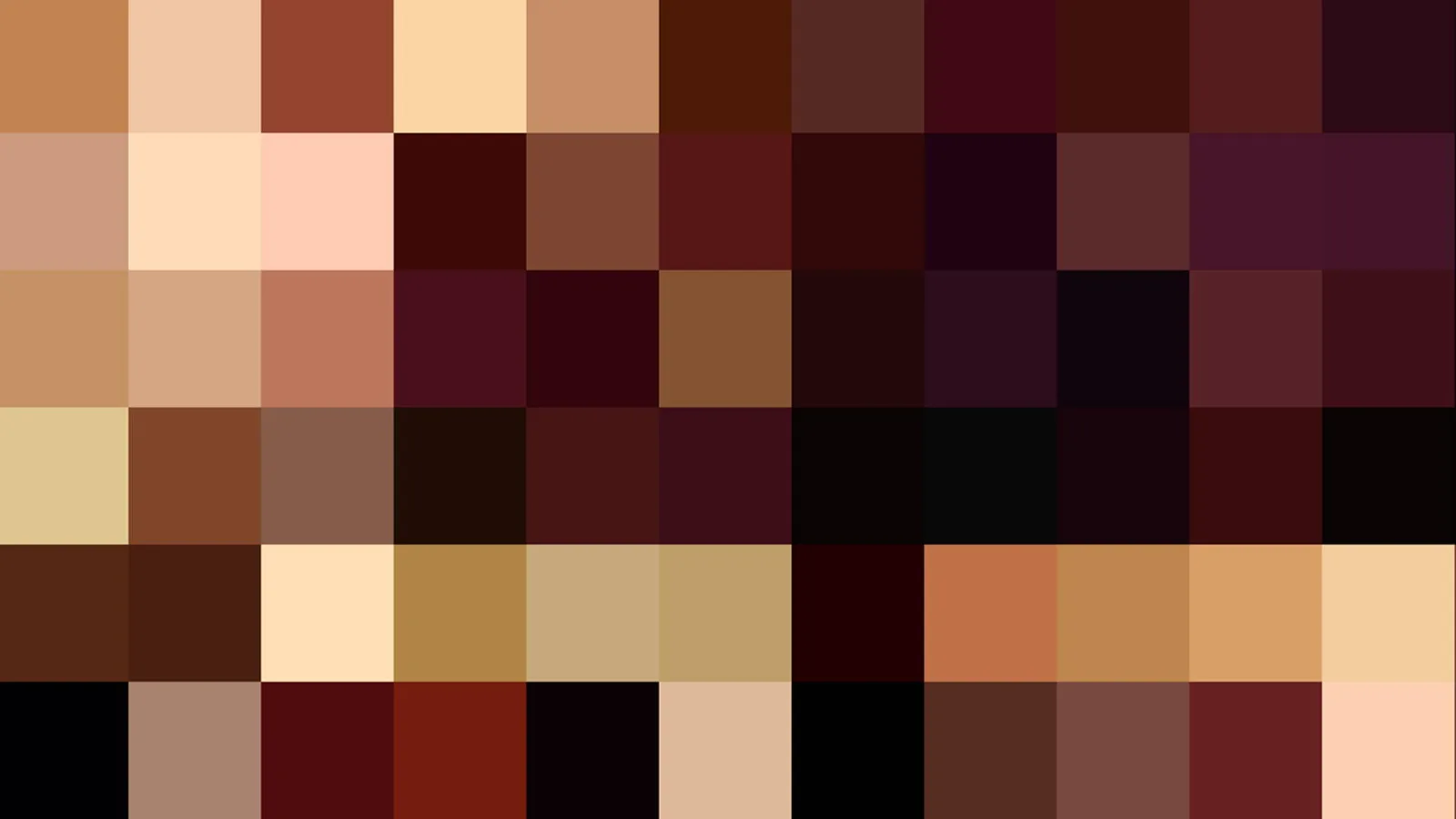 Abstraktes Mosaik aus quadratischen Pixelblöcken in Braun-, Beige-, Rot- und Schwarztönen, angeordnet in sechs Reihen.