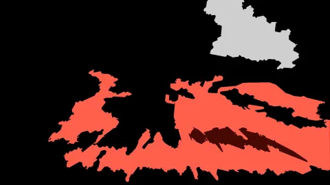 Abstrakte Komposition aus korallroten und dunkelroten Flächen vor schwarzem Grund, oben rechts eine hellgraue Form.