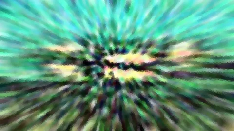 Abstrakte Komposition aus radial angeordneten Schlieren in Grün, Türkis und Gelb, im Zentrum dunkler.