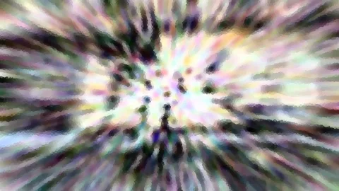 Abstraktes Bild mit radial verwischten Farbstrahlen in Pastelltönen, im Zentrum dunkle Punkte in einem Muster aus Kreisen.