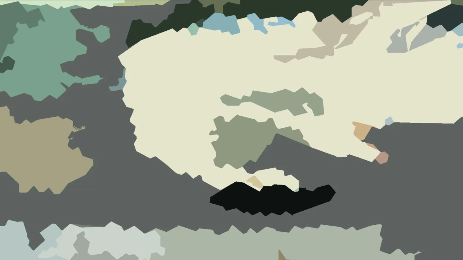 Abstrakte Komposition aus flachen, unregelmäßig geformten Farbflächen in Creme, Grau, Schwarz und Salbeigrün.