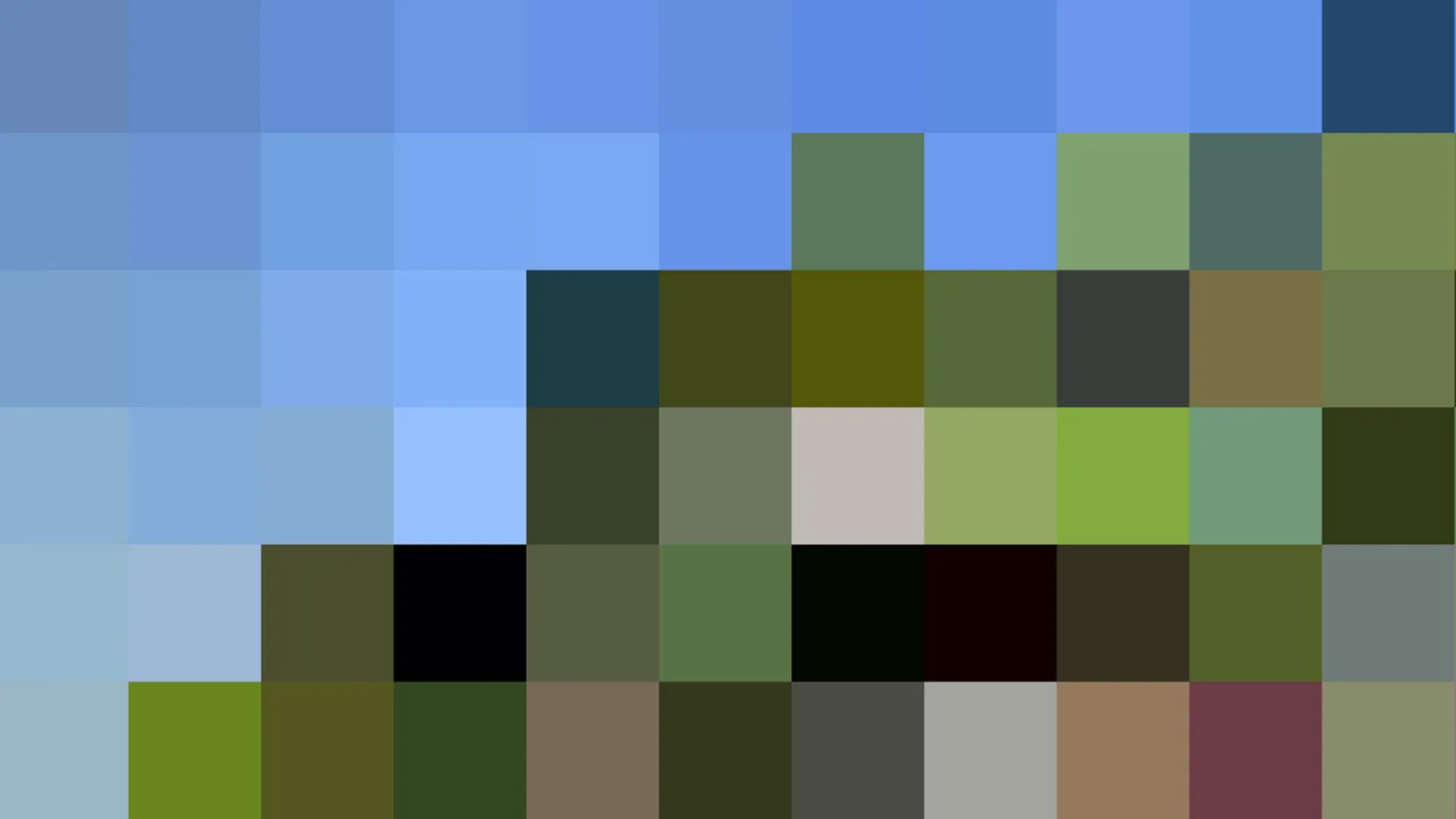 Quadratisches Pixelmosaik: oben helles und dunkleres Blau, darunter Grün-, Oliv- und Erdtöne, im unteren Bereich vereinzelt Schwarz und Grau.