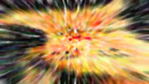 Abstrakte Komposition aus radial von einem Zentrum ausstrahlenden Streifen in Orange, Gelb, Rot, Grün und Violett, mit verschwommener Bewegungsunschärfe und pixeliger Struktur.