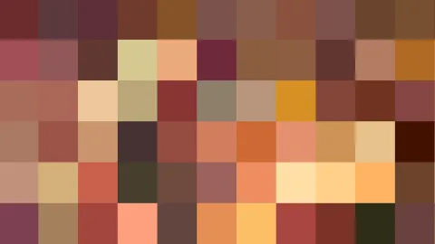 Abstraktes Mosaik aus quadratischen Pixelblöcken in Braun, Ocker, Rot, Orange und Beige, dazu wenige helle Gelb- und dunkle Grüntöne.