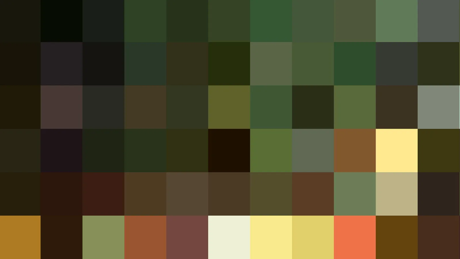 Raster aus farbigen Quadraten in Grün, Braun, Gelb und Orange, locker angeordnet wie ein Mosaik.