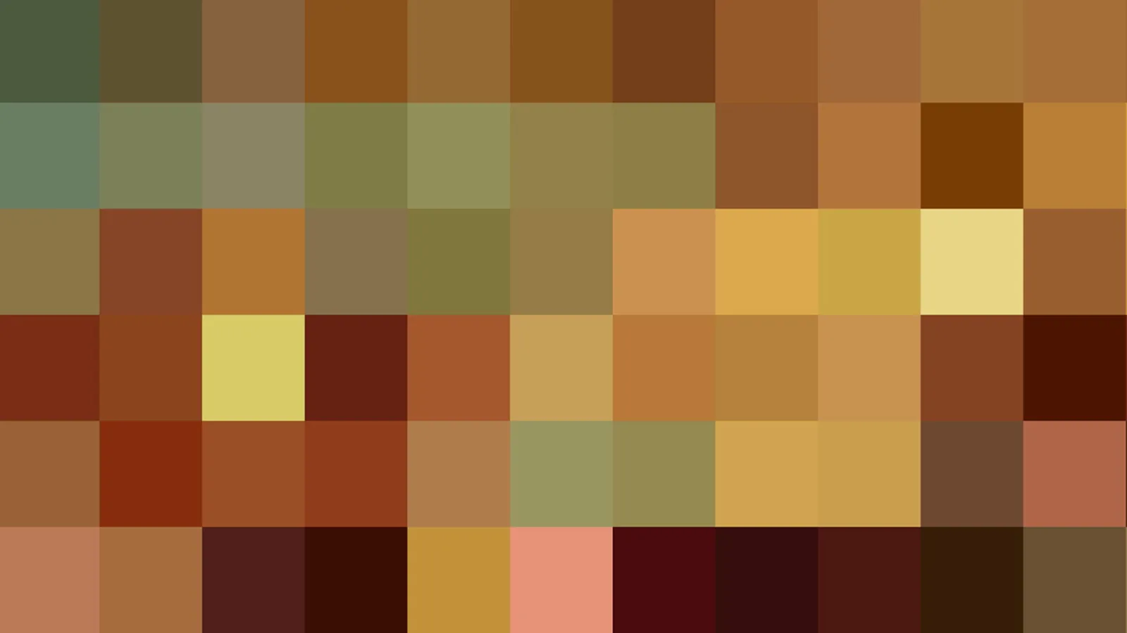 Abstraktes Mosaik aus quadratischen Farbfeldern in Braun, Ocker, Oliv und Rot, in zehn Spalten und sechs Reihen angeordnet.