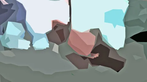 Abstrakte Komposition aus kantigen Flächen in Weiß, Hellblau, Rosa und Dunkelbraun auf Graugrün.
