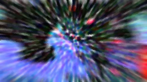 Abstrakte Komposition aus strahlenförmig von einem Zentrum ausgehenden Streifen in Grün, Schwarz, Blau, Violett und Rot, gepixelt und unscharf.