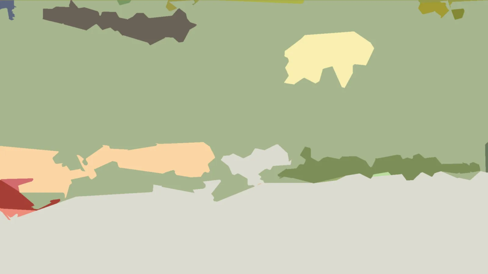 Abstrakte Komposition aus flachen, unregelmäßig geformten Flächen in Olivgrün, Beige, Grau, Dunkelrot und Gelb auf hellgrauem Grund.