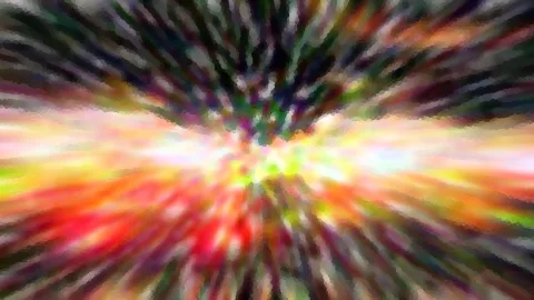 Abstrakte Komposition aus radial verlaufenden, bunten Streifen in Rot, Gelb, Grün und Dunkelblau, die zur hellen Bildmitte hin zusammenlaufen.
