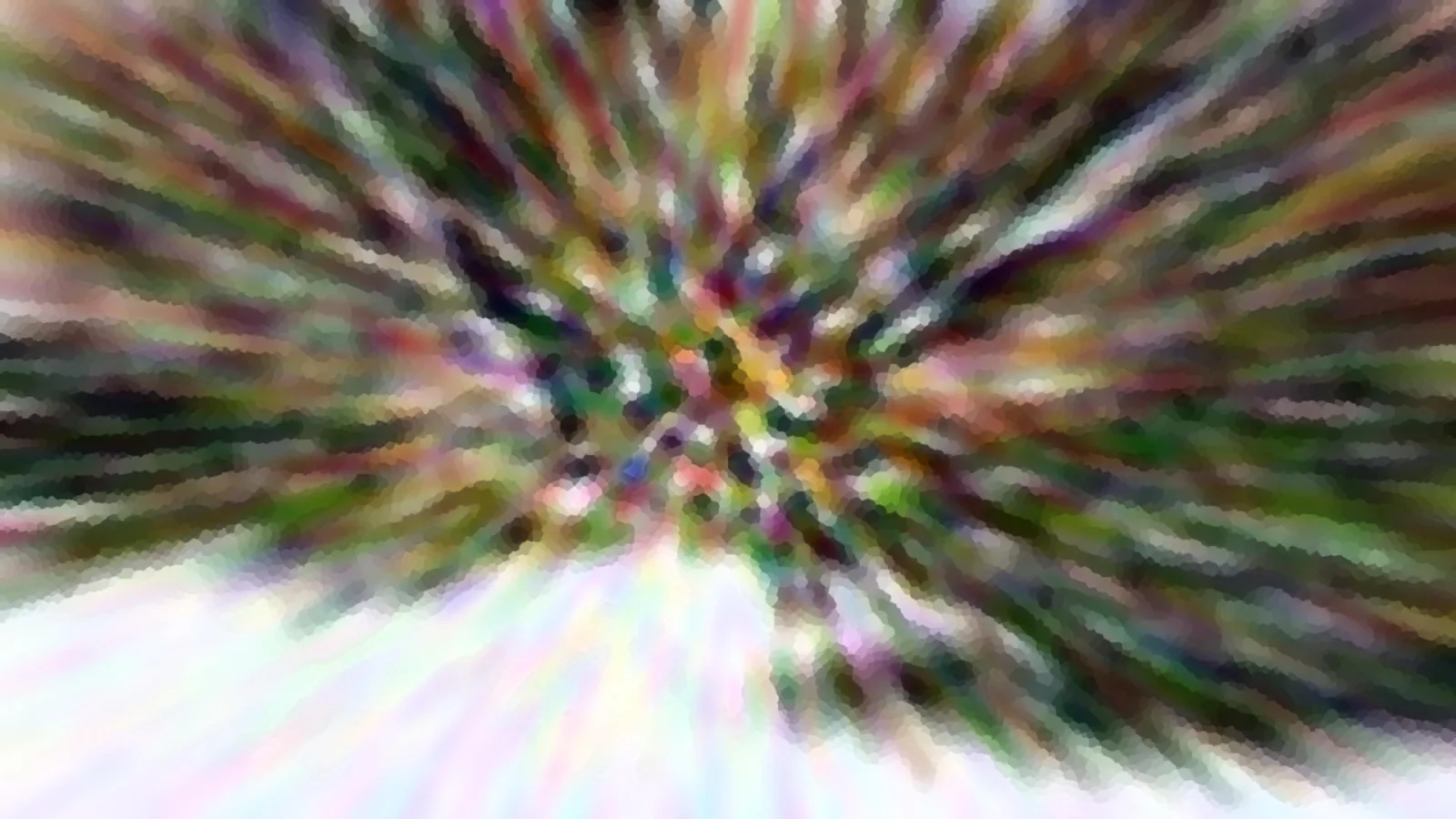 Abstrakte Komposition aus radial verwischten grünen, violetten und weißen Streifen, die von der Mitte nach außen strahlen.