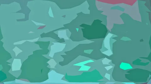Abstrakte Komposition aus türkisen und grünen Polygonflächen mit einem rosa Fleck oben rechts und einem leuchtenden Türkis unten rechts.