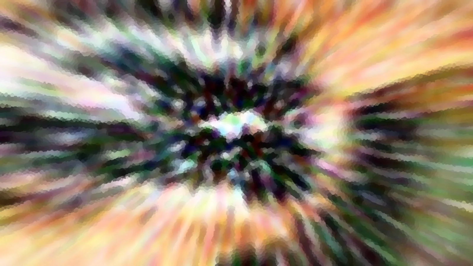 Abstrakte Komposition aus radial verlaufenden, verwischten Streifen in Orange, Gelb, Grün und Weiß, die von einem hellen Zentrum nach außen strahlen.