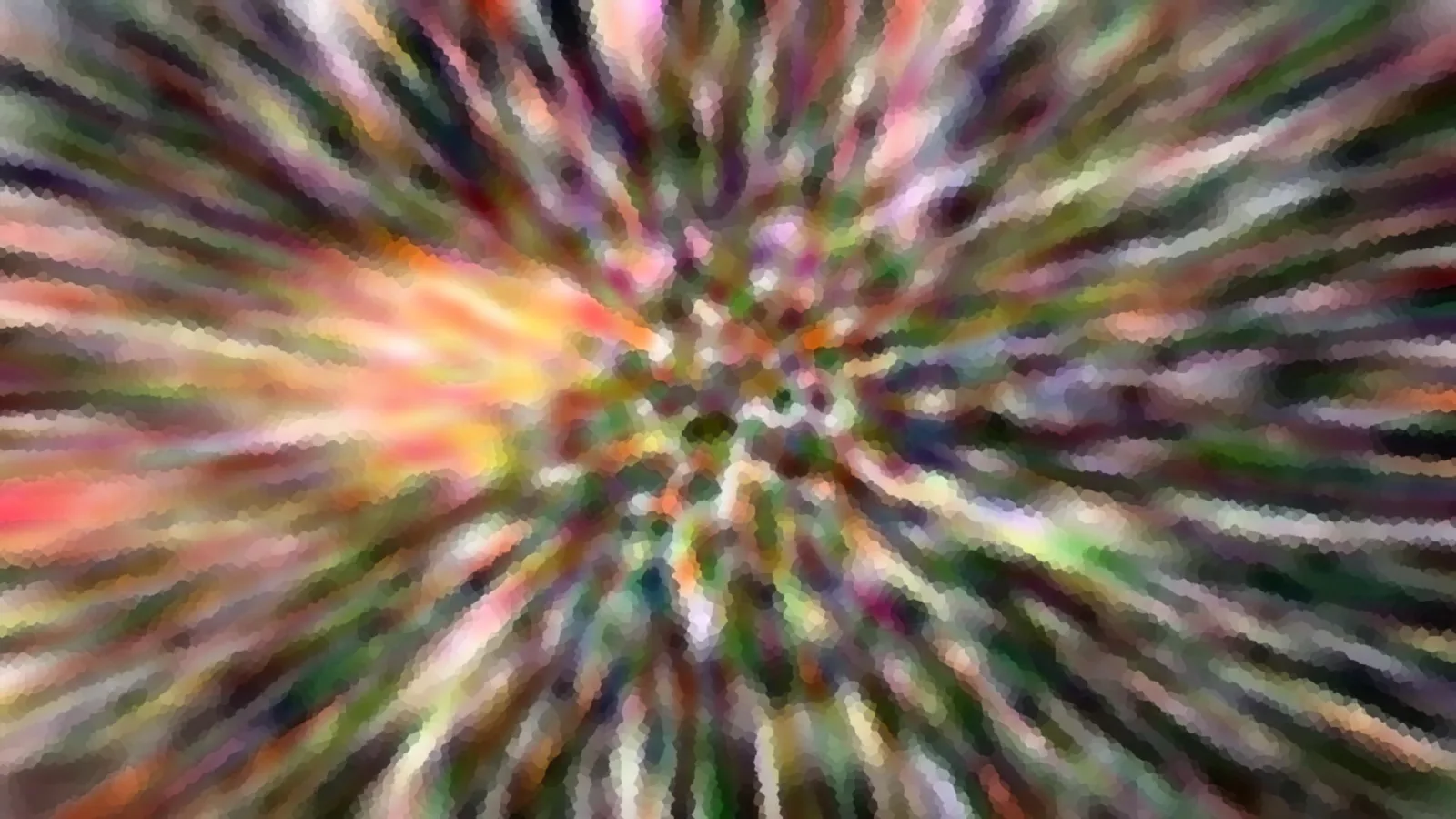 Abstrakte Komposition aus bunten Streifen, die von einem hellen Zentrum radial nach außen laufen, in Orange, Rot, Grün und Violett, mosaikartig gekörnt.