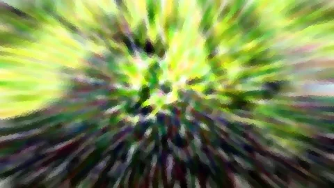 Abstrakte Unschärfe mit radial verlaufenden Streifen in Grün, Gelb und Dunkelviolett, im Zentrum heller