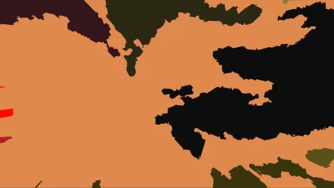 Abstrakte Komposition mit orangefarbenem Hintergrund, schwarzen und dunkelgrünen Flächen sowie roten Akzenten am linken Rand.