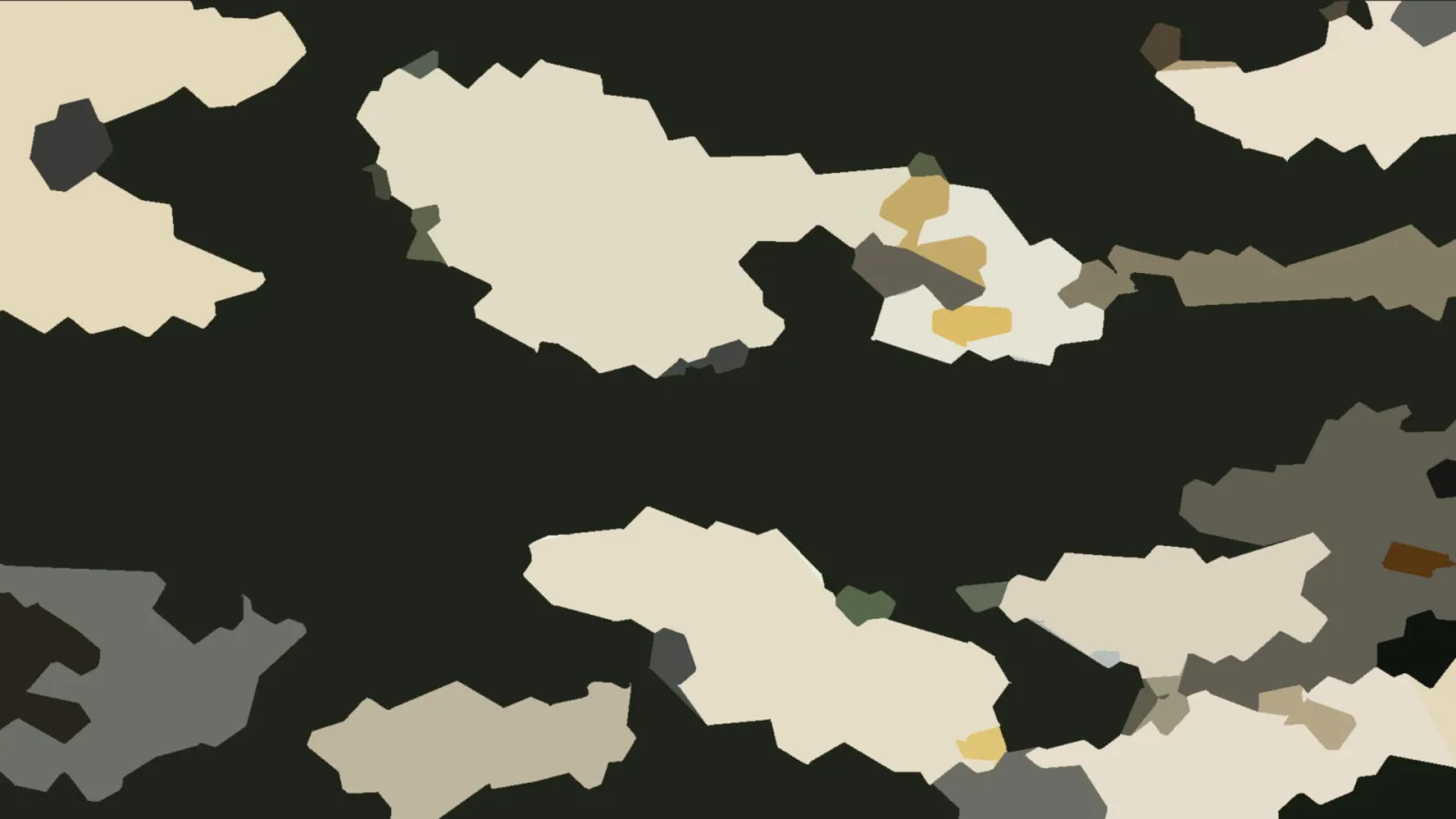 Abstrakte cremefarbene, beige und graue Flecken mit ockerfarbenen Akzenten auf fast schwarzem Hintergrund.