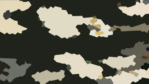 Abstrakte cremefarbene, beige und graue Flecken mit ockerfarbenen Akzenten auf fast schwarzem Hintergrund.