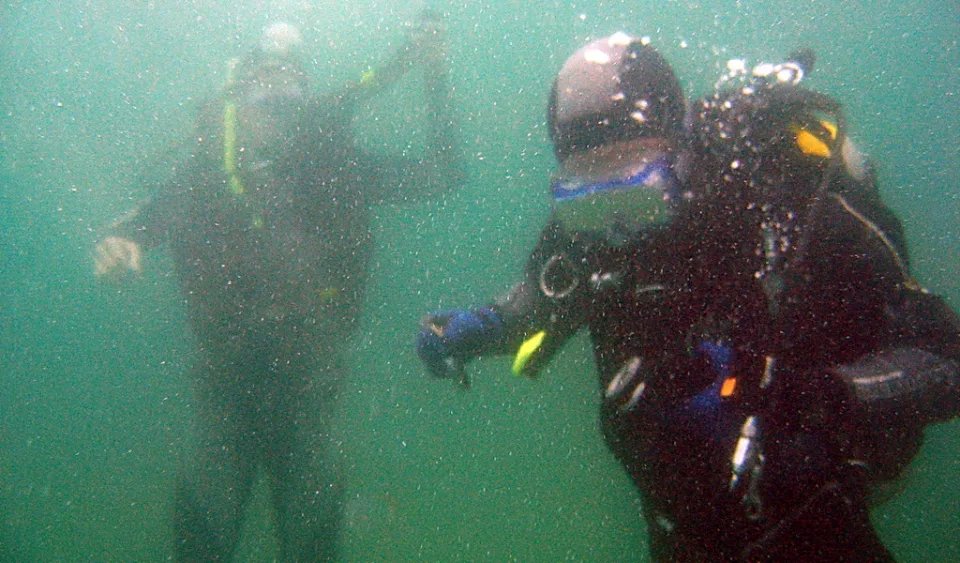 Zwei Taucher in Tauchausrüstung schwimmen unter Wasser, im Vordergrund rechts, im Hintergrund links unscharf; grünliches Wasser und aufsteigende Luftblasen.