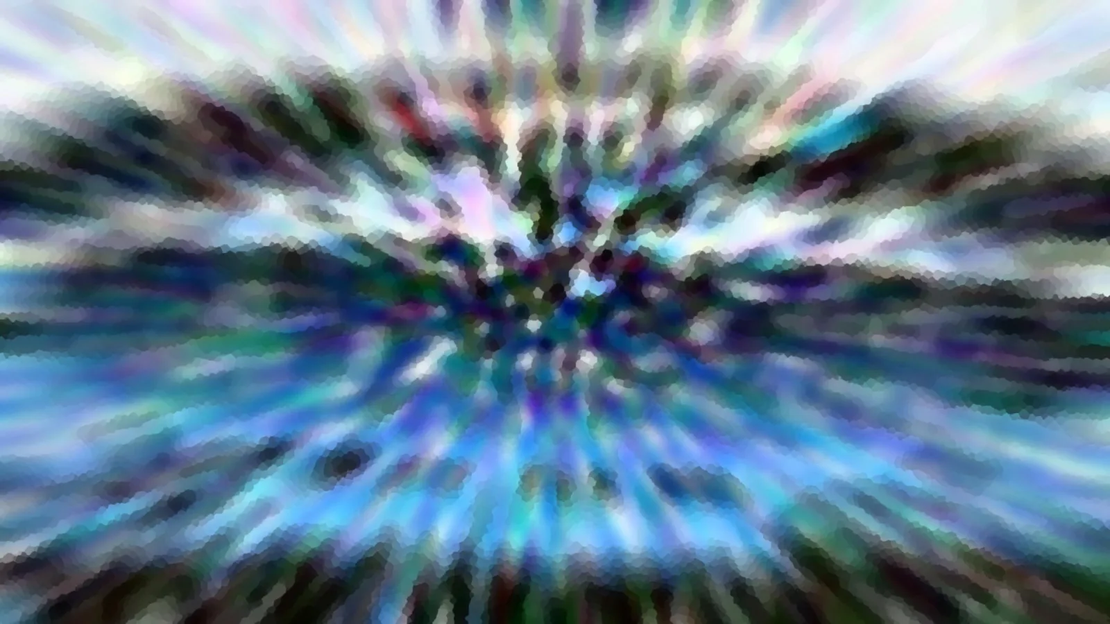 Abstrakte Komposition aus blauen, grünen, violetten und weißen Streifen, die vom Zentrum nach außen strahlen, pixelig gerastert.