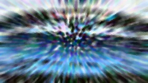 Abstrakte Komposition aus blauen, grünen, violetten und weißen Streifen, die vom Zentrum nach außen strahlen, pixelig gerastert.