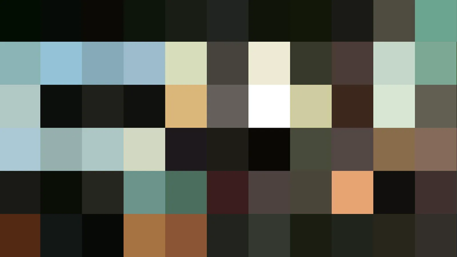 Mosaik aus grob gepixelten Farbfeldern in Grün, Blau, Beige, Braun und Schwarz, ohne erkennbares Motiv.