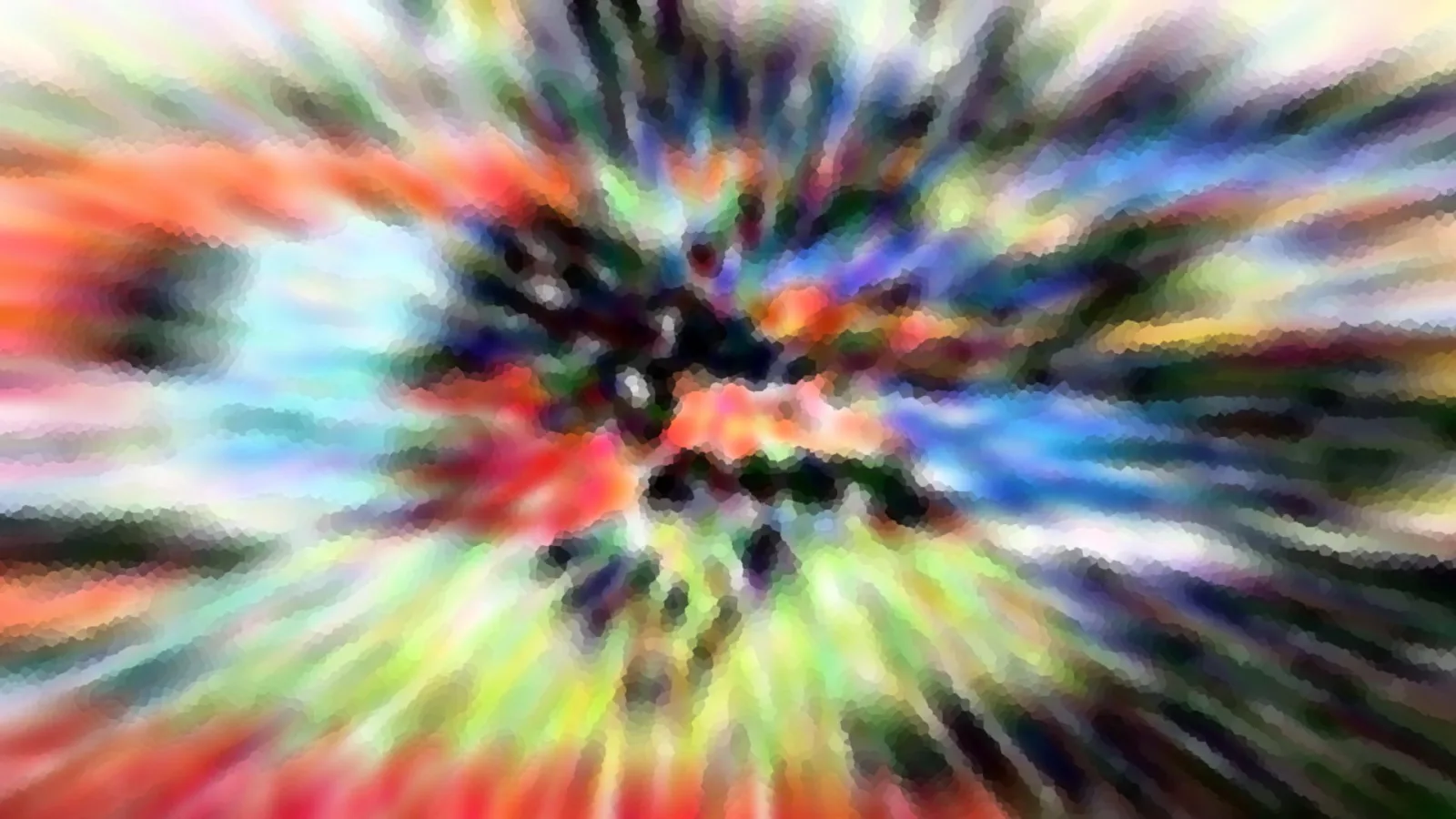 Abstraktes Bild mit radialem Zoomeffekt in Rot, Blau, Grün und Gelb, im Zentrum dunkle Flecken