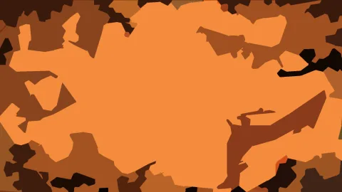 Abstrakte Komposition aus unregelmäßigen orangefarbenen und braunen Flächen, im Zentrum eine große helle Orangefläche.