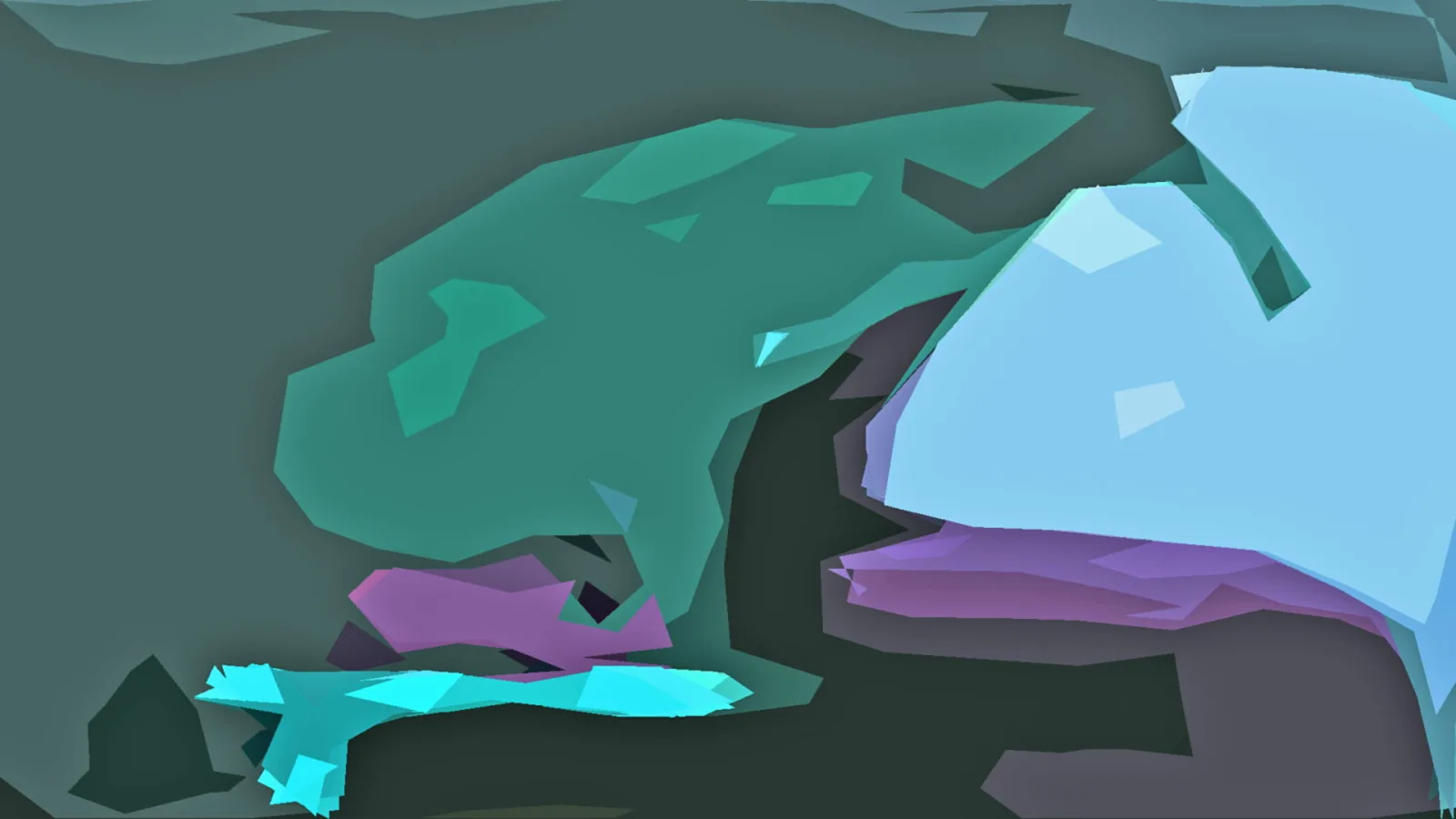 Abstrakte Komposition aus türkisen, mintgrünen und hellblauen Flächen vor dunkelgrauem Hintergrund, durchzogen von violetten Streifen.