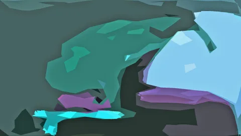 Abstrakte Komposition aus türkisen, mintgrünen und hellblauen Flächen vor dunkelgrauem Hintergrund, durchzogen von violetten Streifen.