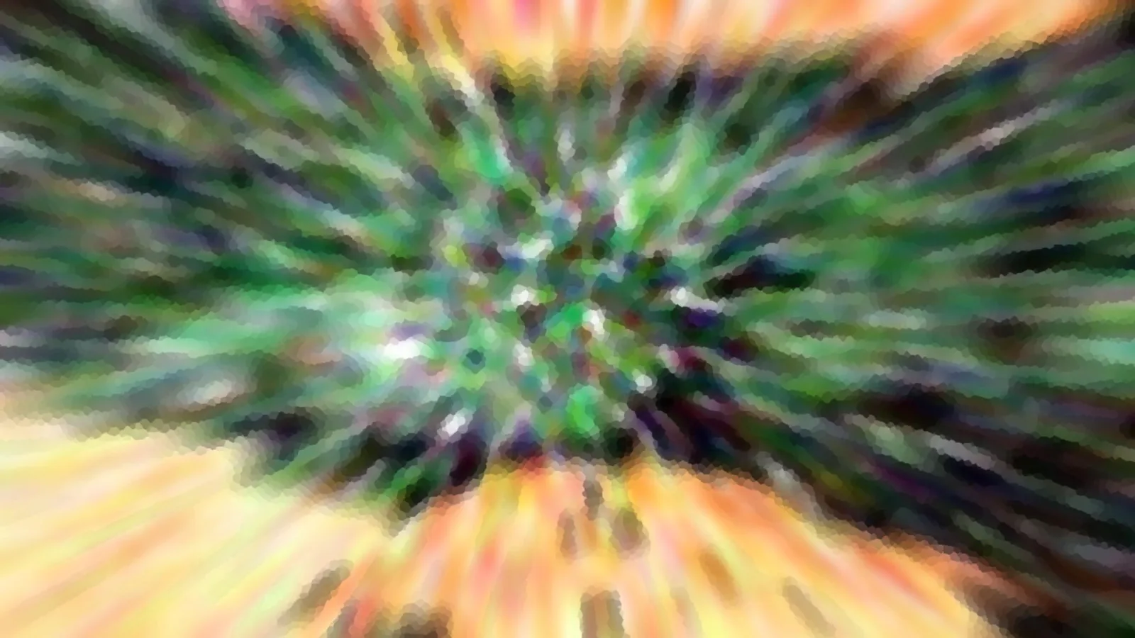 Abstrakte Komposition aus grünen, violetten und orangefarbenen Streifen, die von einem hellen Zentrum radial nach außen laufen.
