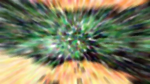 Abstrakte Komposition aus grünen, violetten und orangefarbenen Streifen, die von einem hellen Zentrum radial nach außen laufen.
