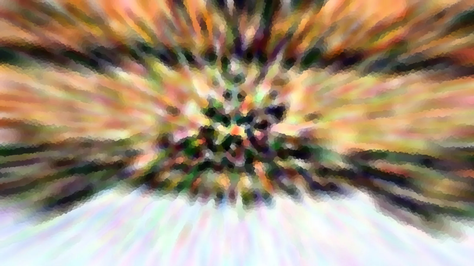 Abstrakte Komposition aus radialen Schlieren in Orange, Grün und Weiß, zur Mitte hin dunkel und pixelig verwischt.