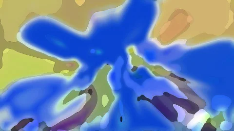 Abstrakte digitale Malerei mit einer leuchtend blauen, sternförmigen Form in der Mitte, umgeben von Ocker, Gelbgrün und dunklem Violett.