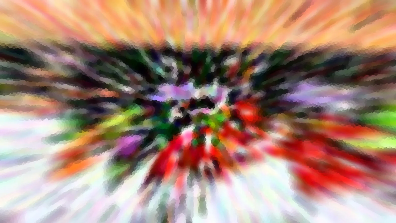 Abstrakte, radial verwischte Komposition aus Rot, Grün, Violett und Orange, die von einem dunklen Zentrum nach außen strahlt.